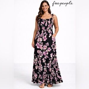 Free People Garden Party Maxi Dress Large Boho Floral Tie Shoulder Ruffle